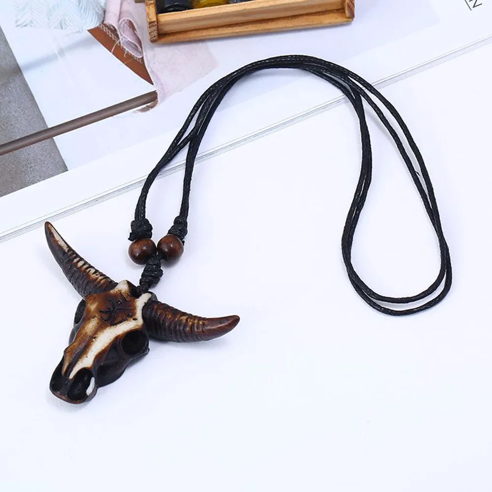 Retro Tribal Necklace Bull Skull Head Colar Gothic Resin Pendant Leather Ethnic For Men Fashion Jewelry Gift Animal Necklace