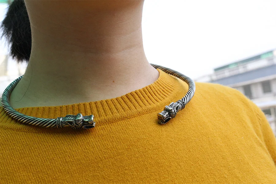 lanseis 1pcs viking wolf bracelet Viking Wolf Head Fenrir Torc Neck Ring Ragnar Handmade Heavy Twisted Brass Wire Pagan Norse