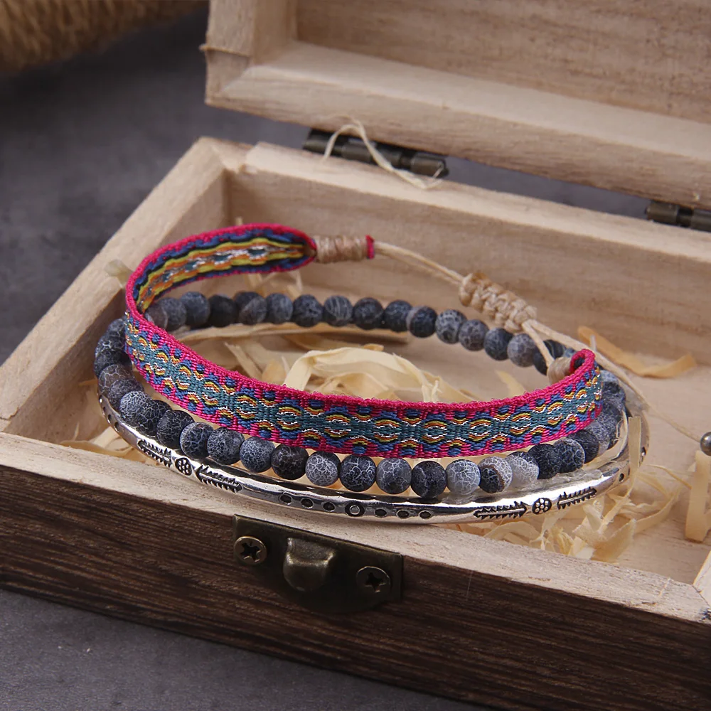 Tibetan Buddha Rope Chain Blue Natural Stone Weathered Beaded For Men 3Pcs/ Set Silver Plated Adjustable Bracelet Jewelry Gift Tibetan Buddha Rope Chain Blue Natural Stone Weathered Beaded For Men 3Pcs/ Set Silver Plated Adjustable Bracelet Jewelry Gift