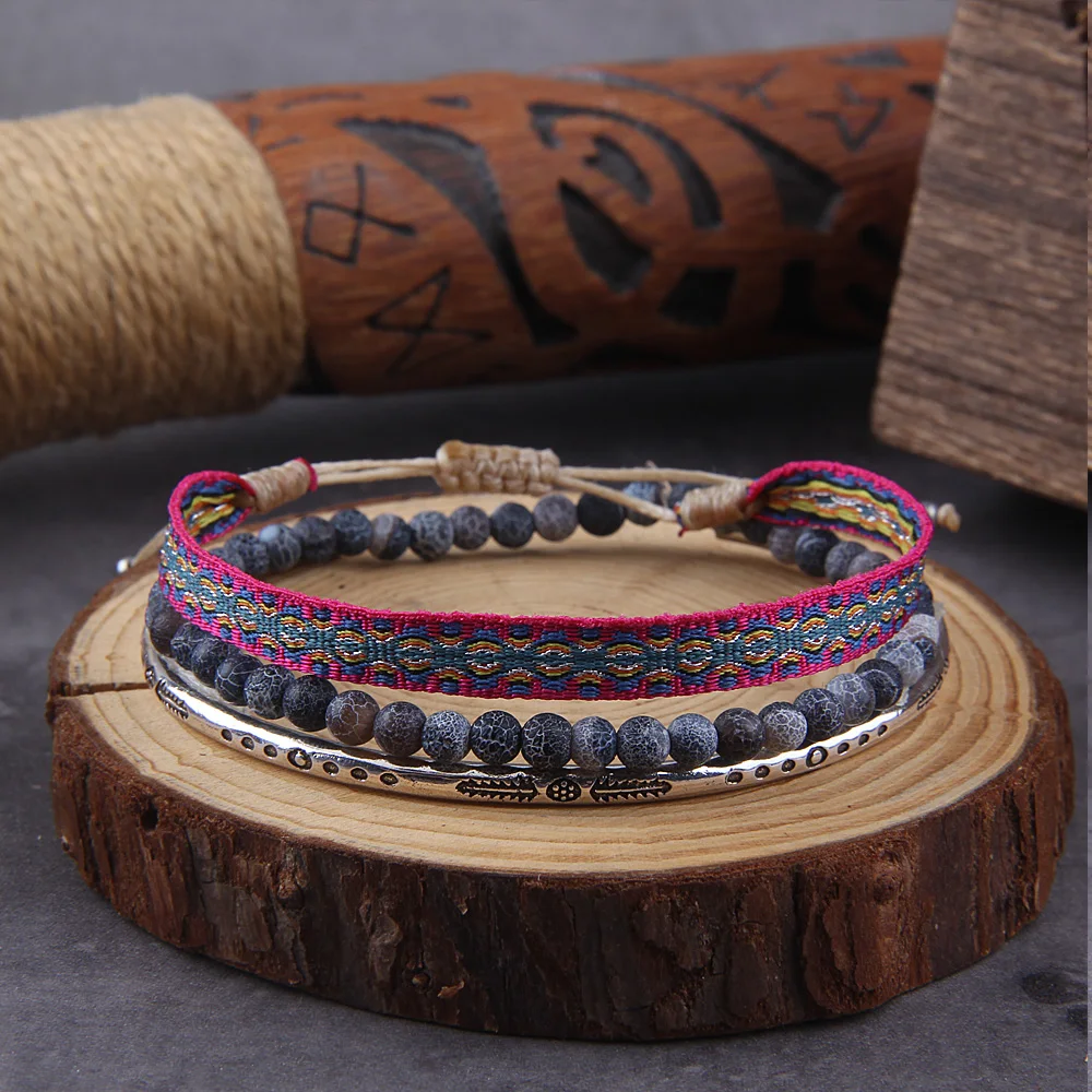 Tibetan Buddha Rope Chain Blue Natural Stone Weathered Beaded For Men 3Pcs/ Set Silver Plated Adjustable Bracelet Jewelry Gift Tibetan Buddha Rope Chain Blue Natural Stone Weathered Beaded For Men 3Pcs/ Set Silver Plated Adjustable Bracelet Jewelry Gift