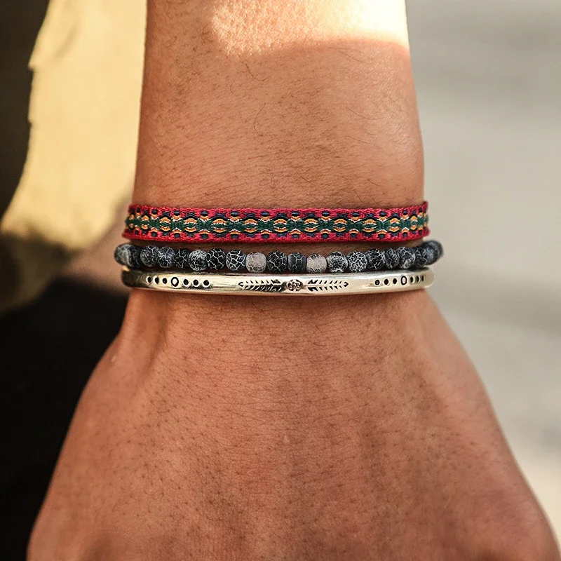 Tibetan Buddha Rope Chain Blue Natural Stone Weathered Beaded For Men 3Pcs/ Set Silver Plated Adjustable Bracelet Jewelry Gift Tibetan Buddha Rope Chain Blue Natural Stone Weathered Beaded For Men 3Pcs/ Set Silver Plated Adjustable Bracelet Jewelry Gift