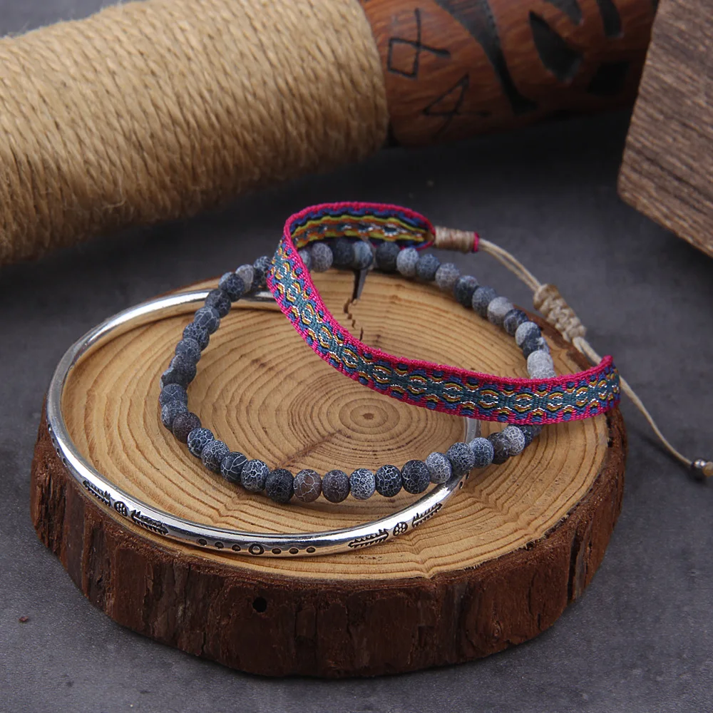 Tibetan Buddha Rope Chain Blue Natural Stone Weathered Beaded For Men 3Pcs/ Set Silver Plated Adjustable Bracelet Jewelry Gift Tibetan Buddha Rope Chain Blue Natural Stone Weathered Beaded For Men 3Pcs/ Set Silver Plated Adjustable Bracelet Jewelry Gift