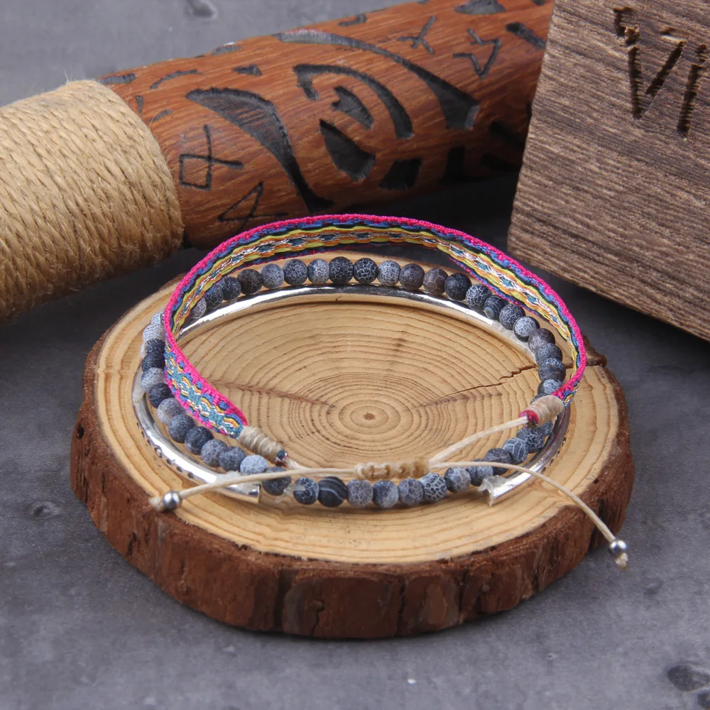 Tibetan Buddha Rope Chain Blue Natural Stone Weathered Beaded For Men 3Pcs/ Set Silver Plated Adjustable Bracelet Jewelry Gift