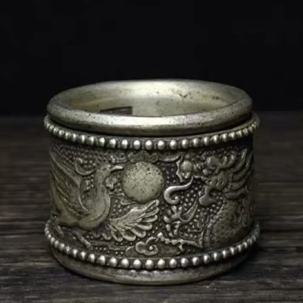Old Chinese Tibet Silver Handcarved Dragon Phoenix Turn Ring Guangxu Mark Old Chinese Tibet Silver Handcarved Dragon Phoenix Turn Ring Guangxu Mark