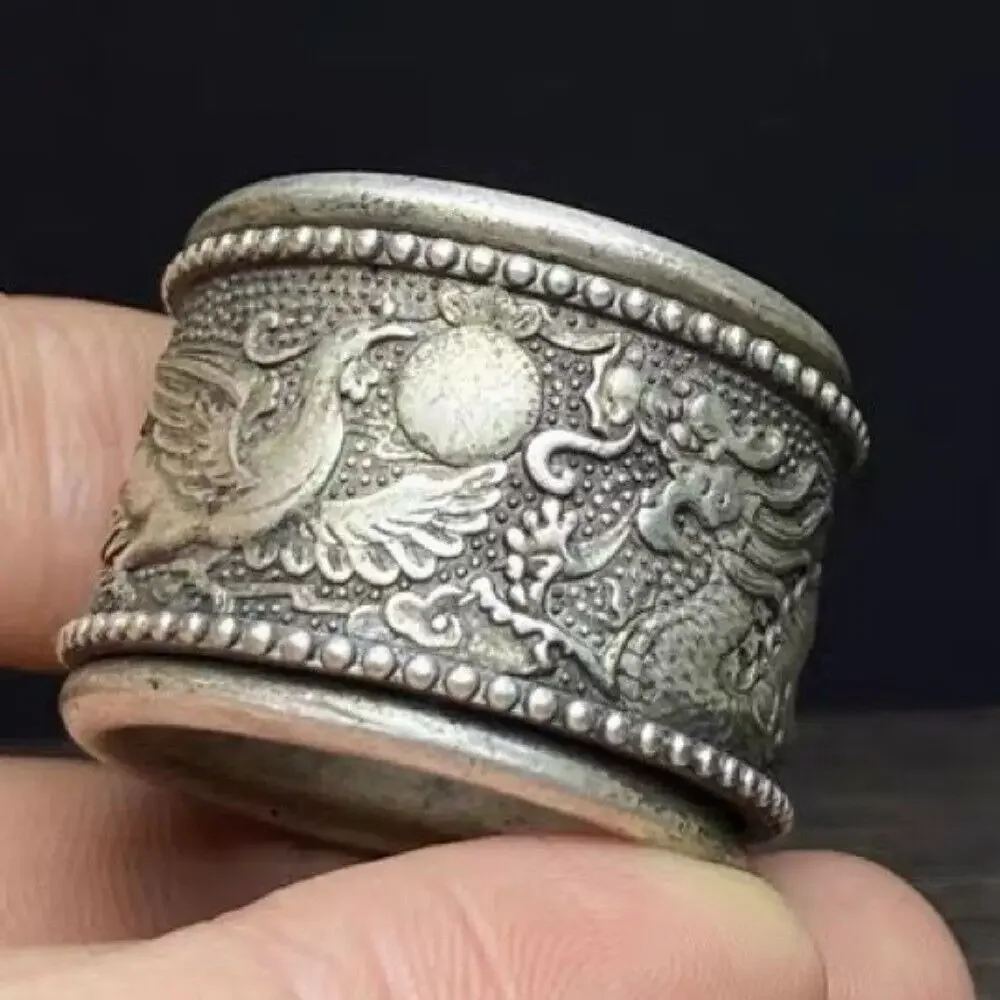 Old Chinese Tibet Silver Handcarved Dragon Phoenix Turn Ring Guangxu Mark Old Chinese Tibet Silver Handcarved Dragon Phoenix Turn Ring Guangxu Mark