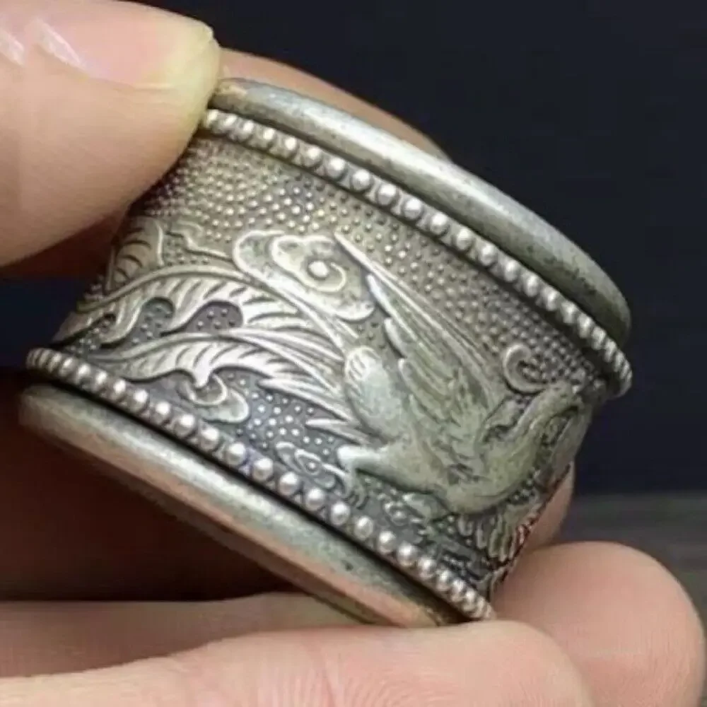Old Chinese Tibet Silver Handcarved Dragon Phoenix Turn Ring Guangxu Mark Old Chinese Tibet Silver Handcarved Dragon Phoenix Turn Ring Guangxu Mark