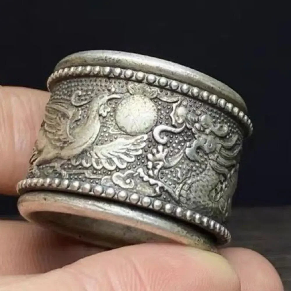 Old Chinese Tibet Silver Handcarved Dragon Phoenix Turn Ring Guangxu Mark Old Chinese Tibet Silver Handcarved Dragon Phoenix Turn Ring Guangxu Mark
