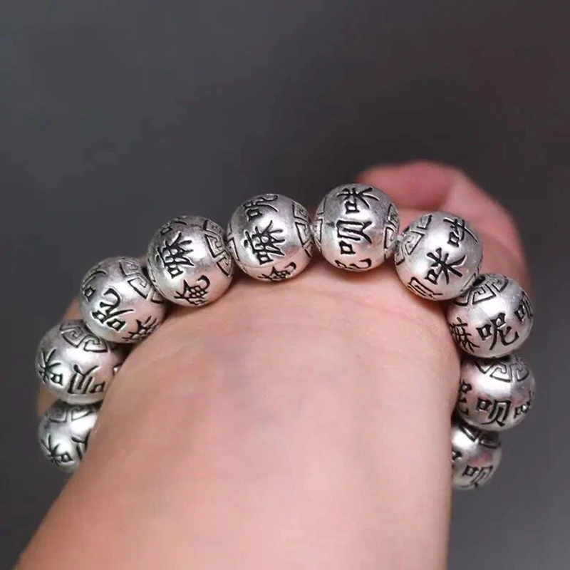 Old Chinese Tibet Silver Handcarved An Mani Bai Mi Hang Buddha Bead Bracelet Old Chinese Tibet Silver Handcarved An Mani Bai Mi Hang Buddha Bead Bracelet