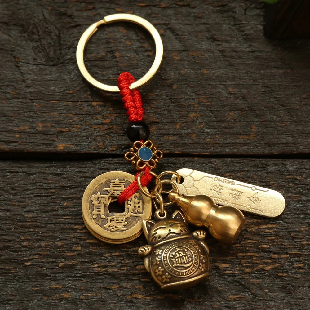 YILUOCD Vintage 4 Pendants Lucky Cat Car Keychain Five Emperors Money Calabash Feng Shui Coins Red String Knots Key Ring YILUOCD Vintage 4 Pendants Lucky Cat Car Keychain Five Emperors Money Calabash Feng Shui Coins Red String Knots Key Ring