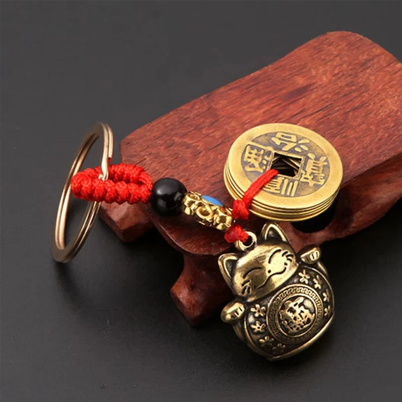 YILUOCD Vintage 4 Pendants Lucky Cat Car Keychain Five Emperors Money Calabash Feng Shui Coins Red String Knots Key Ring