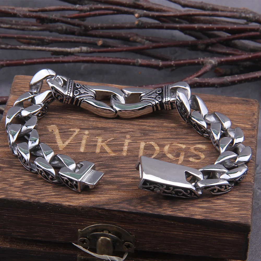 Vikings Stainless Steel Bracelet 12mm Curb Cuban Chain Silver Color Bracelets for Men Women Factory Offer with box Vikings Stainless Steel Bracelet 12mm Curb Cuban Chain Silver Color Bracelets for Men Women Factory Offer with box