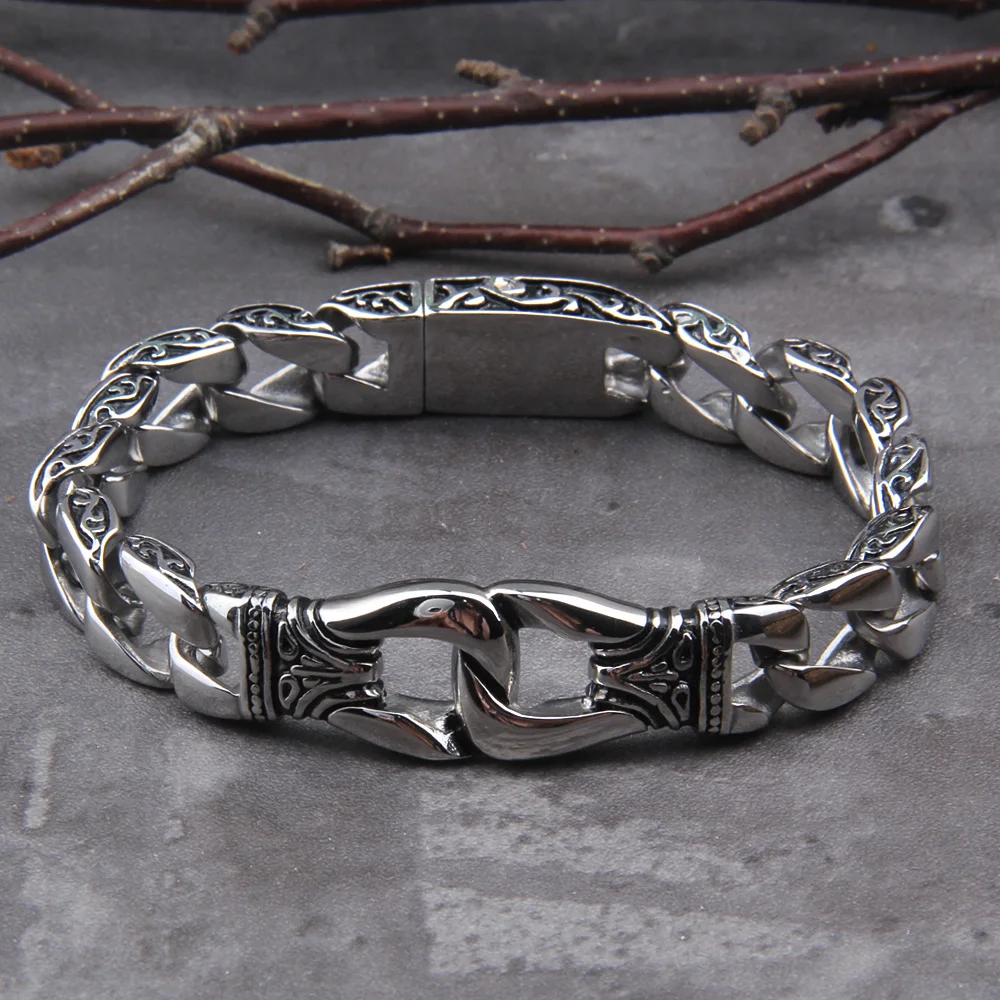 Vikings Stainless Steel Bracelet 12mm Curb Cuban Chain Silver Color Bracelets for Men Women Factory Offer with box Vikings Stainless Steel Bracelet 12mm Curb Cuban Chain Silver Color Bracelets for Men Women Factory Offer with box
