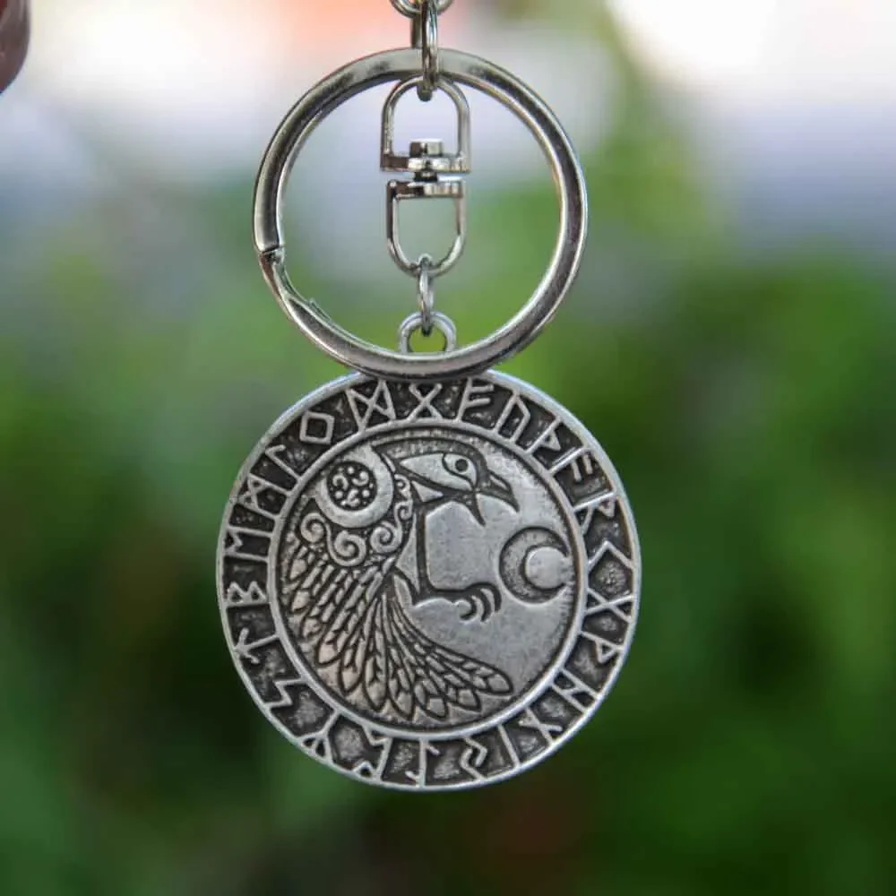 Vintage Odin Raven Viking Keychain with Norse Runes and Wiccan Moon Odin Raven Viking Keychain Norse Amulet Jewelry