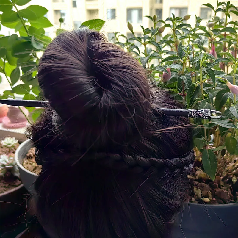 Stainless steel viking raven head hair stick Black peach wood Hair accessories Vintage Hair pins Hair Barrette 18cm hair stick