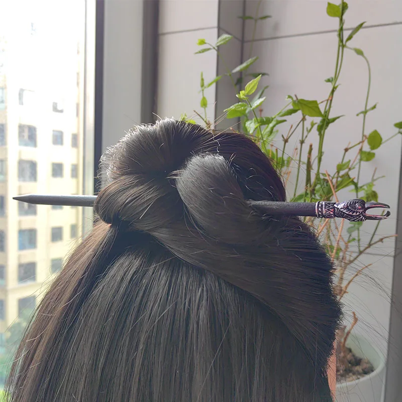 Stainless steel viking raven head hair stick Black peach wood Hair accessories Vintage Hair pins Hair Barrette 18cm hair stick