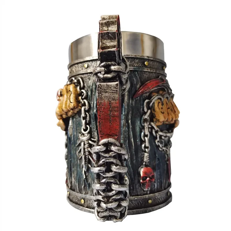 Beer Mug Stein Tankard Valhalla 550ML Stainless Steel Single Handle Horn Skull Viking Nordic Viking Warrior Skull Mug Tankard