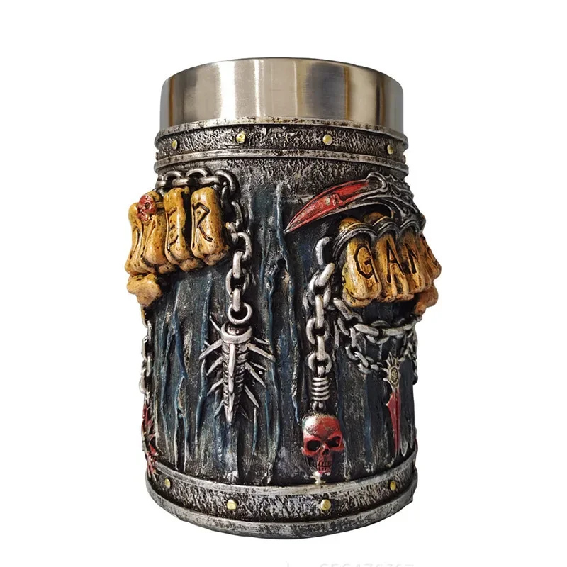 Beer Mug Stein Tankard Valhalla 550ML Stainless Steel Single Handle Horn Skull Viking Nordic Viking Warrior Skull Mug Tankard