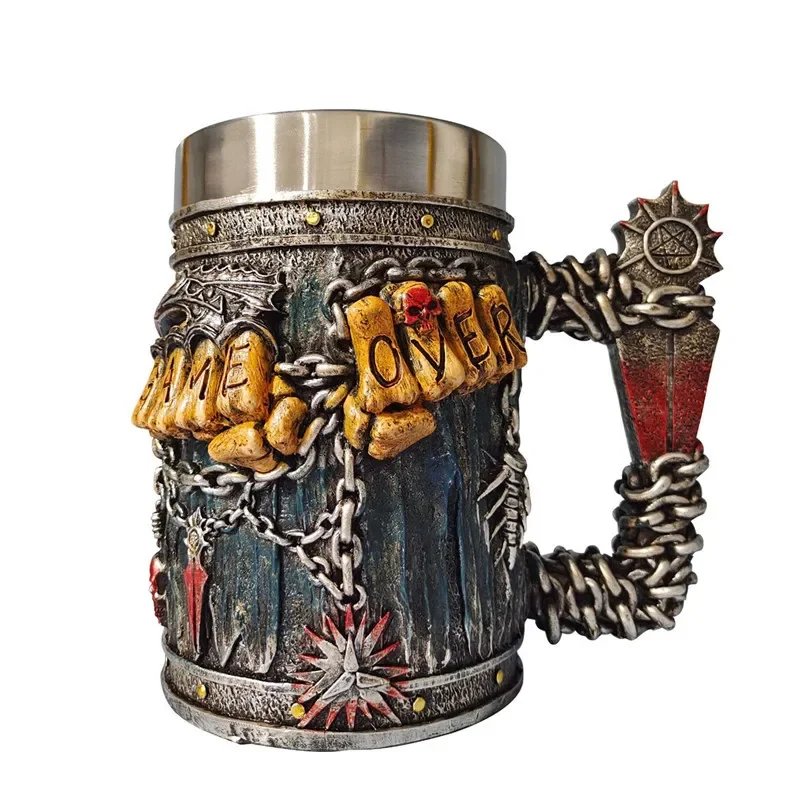 Beer Mug Stein Tankard Valhalla 550ML Stainless Steel Single Handle Horn Skull Viking Nordic Viking Warrior Skull Mug Tankard