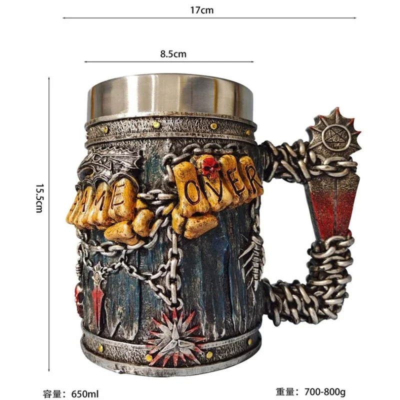 Beer Mug Stein Tankard Valhalla 550ML Stainless Steel Single Handle Horn Skull Viking Nordic Viking Warrior Skull Mug Tankard