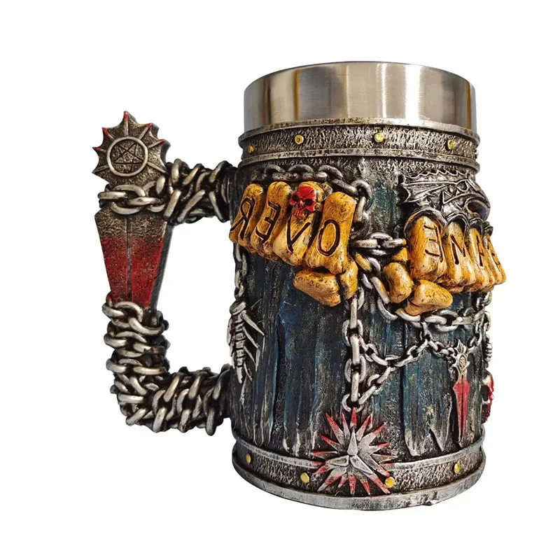 Beer Mug Stein Tankard Valhalla 550ML Stainless Steel Single Handle Horn Skull Viking Nordic Viking Warrior Skull Mug Tankard