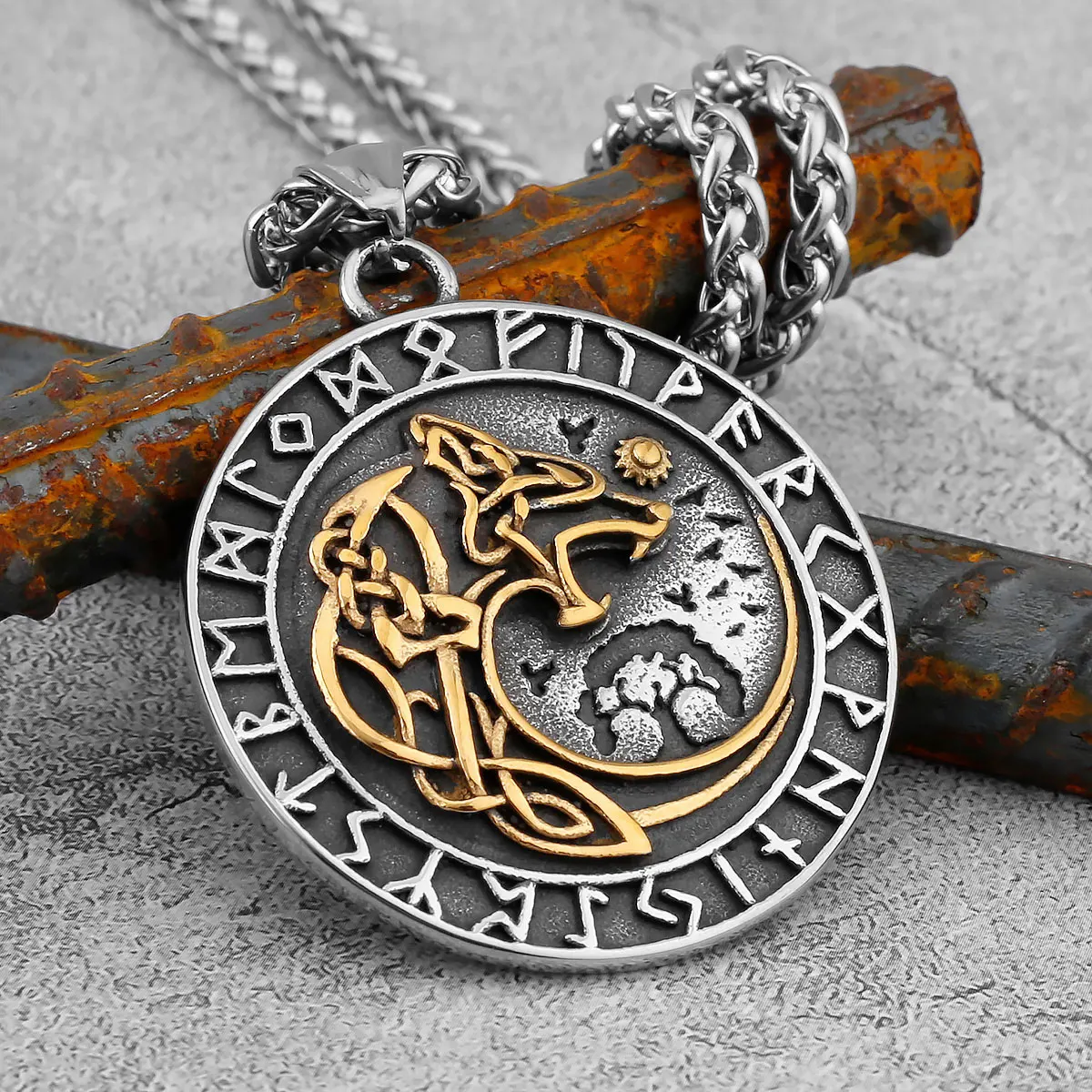 Norse Mythology Viking Wolf Necklaces Men Stainless Steel Viking Runes Vegvisir Amulet Pendant Scandinavian Vintage Male Jewelry Norse Mythology Viking Wolf Necklaces Men Stainless Steel Viking Runes Vegvisir Amulet Pendant Scandinavian Vintage Male Jewelry