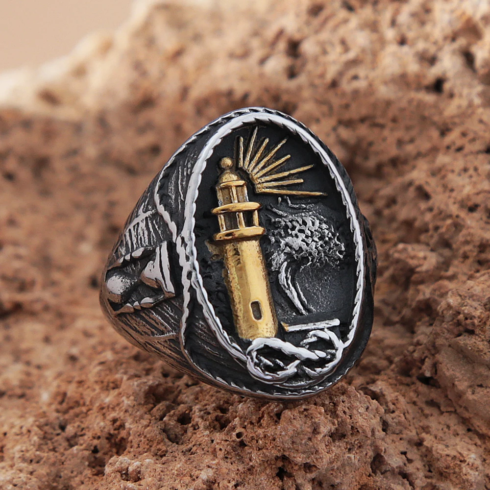 Vintage Viking Nautical Lighthouse Ring For Men Stainless Steel Lighthouse Stamp Viking Ring Nordic Bikier Amulet Jewelry Gifts Vintage Viking Nautical Lighthouse Ring For Men Stainless Steel Lighthouse Stamp Viking Ring Nordic Bikier Amulet Jewelry Gifts