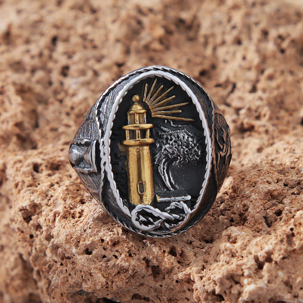 Vintage Viking Nautical Lighthouse Ring For Men Stainless Steel Lighthouse Stamp Viking Ring Nordic Bikier Amulet Jewelry Gifts