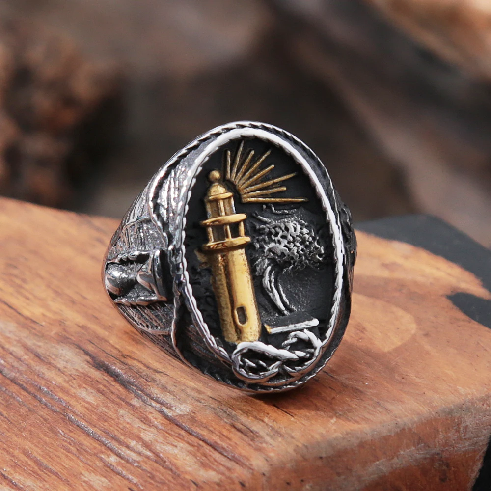 Vintage Viking Nautical Lighthouse Ring For Men Stainless Steel Lighthouse Stamp Viking Ring Nordic Bikier Amulet Jewelry Gifts Vintage Viking Nautical Lighthouse Ring For Men Stainless Steel Lighthouse Stamp Viking Ring Nordic Bikier Amulet Jewelry Gifts