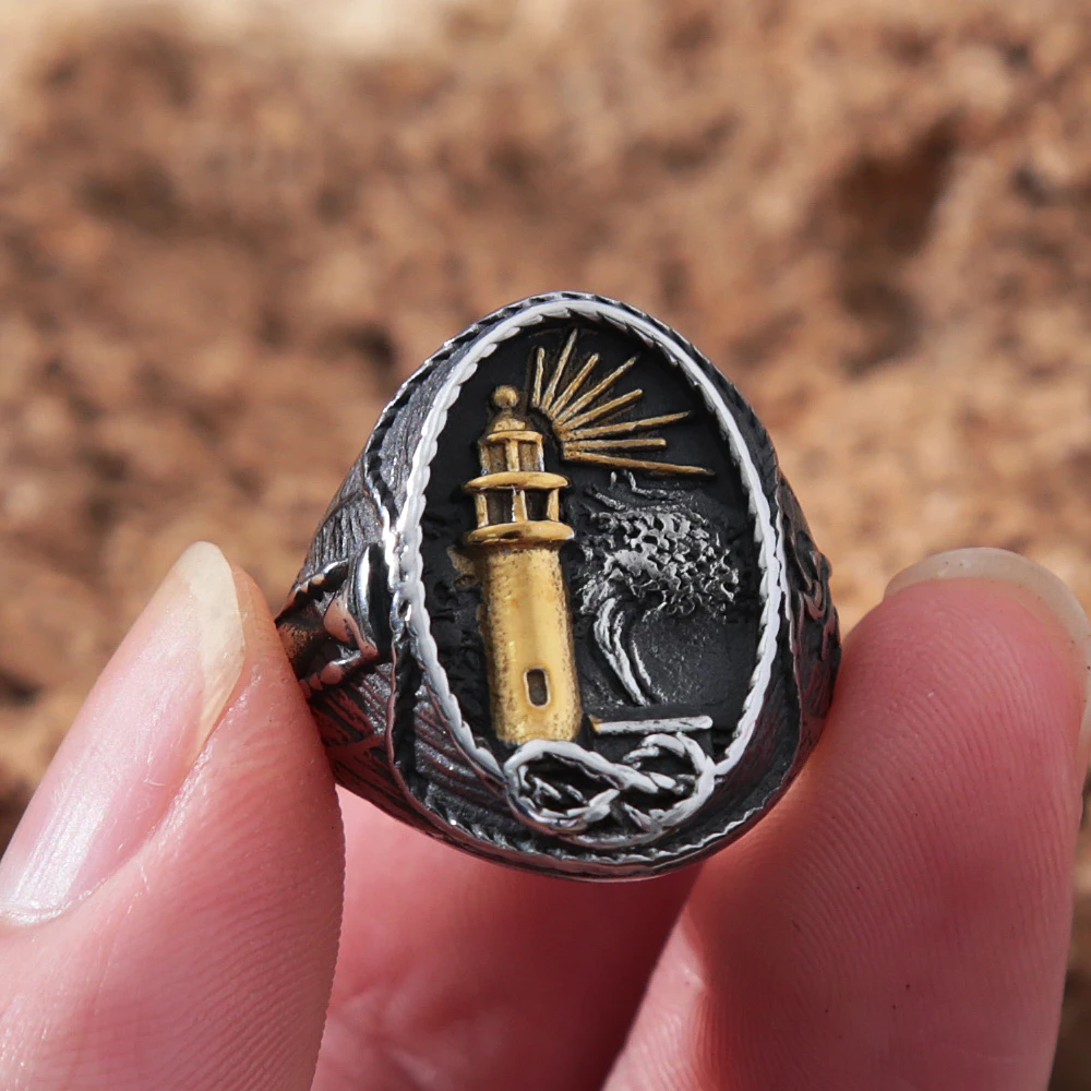 Vintage Viking Nautical Lighthouse Ring For Men Stainless Steel Lighthouse Stamp Viking Ring Nordic Bikier Amulet Jewelry Gifts