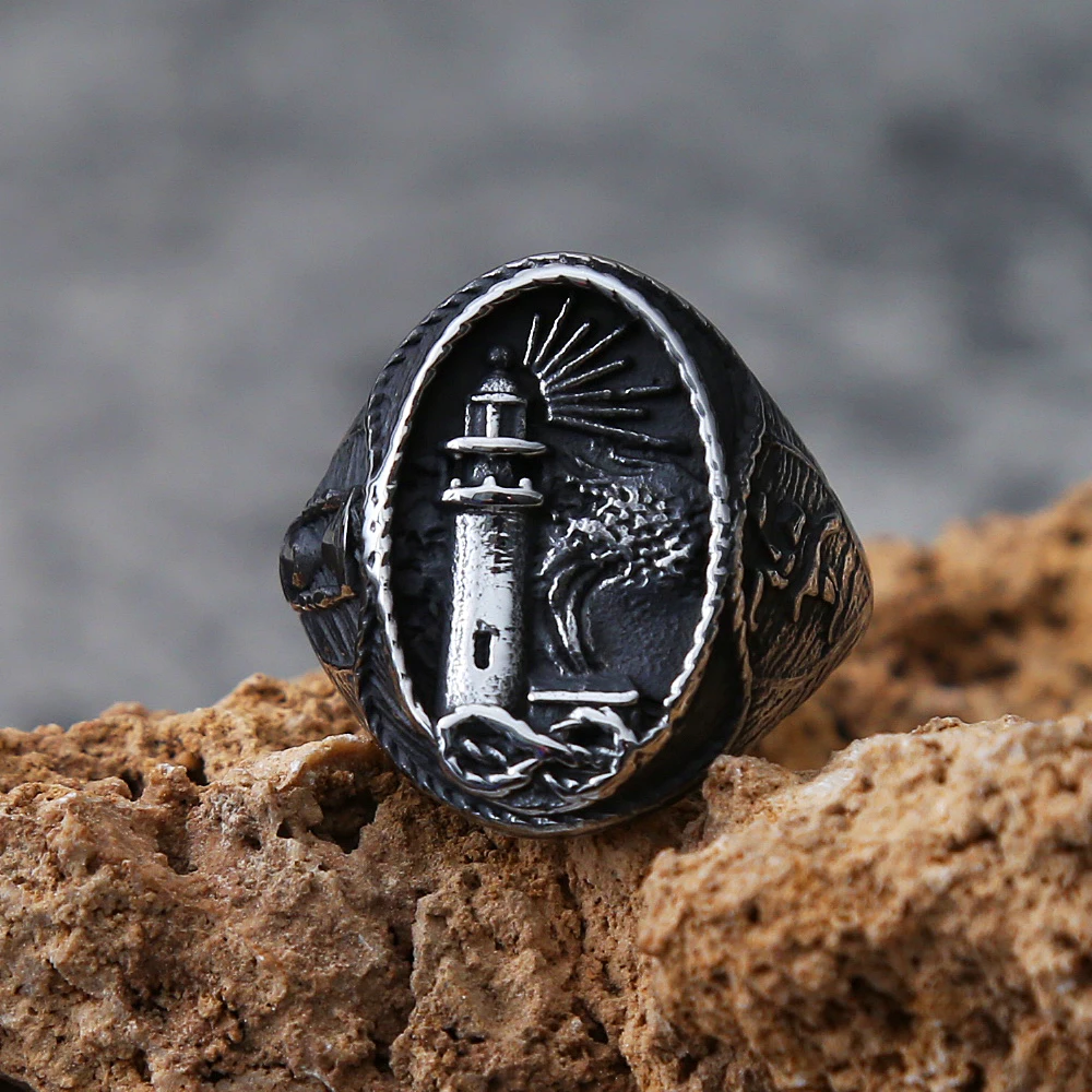Vintage Viking Nautical Lighthouse Ring For Men Stainless Steel Lighthouse Stamp Viking Ring Nordic Bikier Amulet Jewelry Gifts