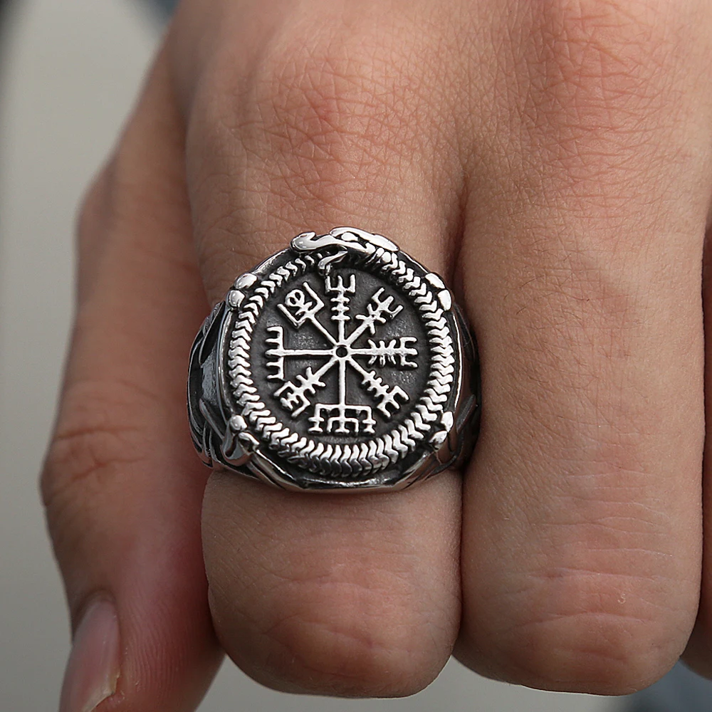 Vintage Viking Compass Helm of Awe Ring Stainless Steel Men Nordic Ethnic Belief Aegishjalmur Viking Rings Jewelry Dropshipping