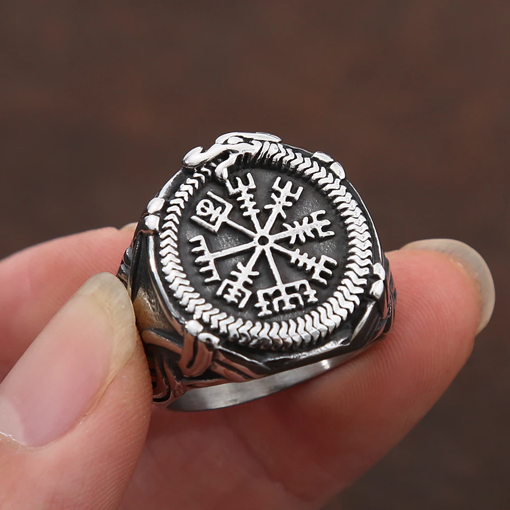 Vintage Viking Compass Helm of Awe Ring Stainless Steel Men Nordic Ethnic Belief Aegishjalmur Viking Rings Jewelry Dropshipping