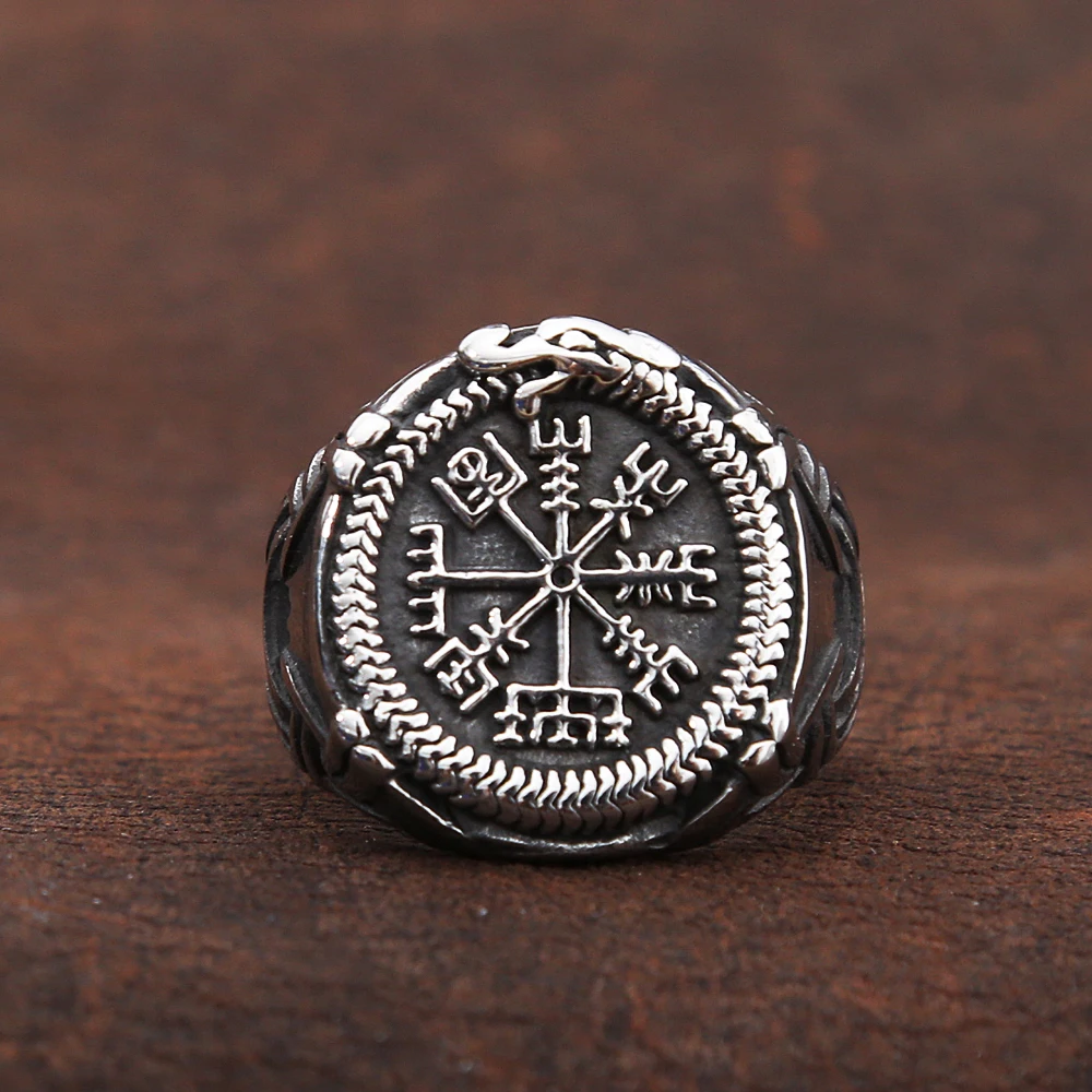 Vintage Viking Compass Helm of Awe Ring Stainless Steel Men Nordic Ethnic Belief Aegishjalmur Viking Rings Jewelry Dropshipping