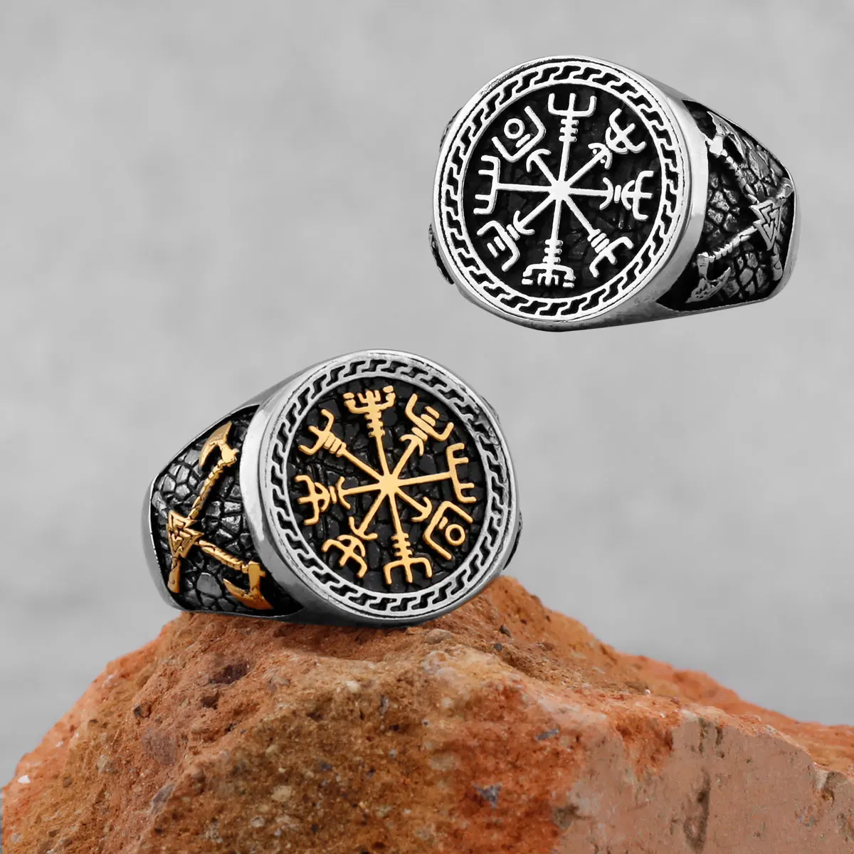 Vintage Viking Stainless Steel Compass Ring Men’s Viking Valknut Axe Ring Punk Odin Rune Gold Color Ring Jewelry Gift Wholesale Vintage Viking Stainless Steel Compass Ring Men's Viking Valknut Axe Ring Punk Odin Rune Gold Color Ring Jewelry Gift Wholesale