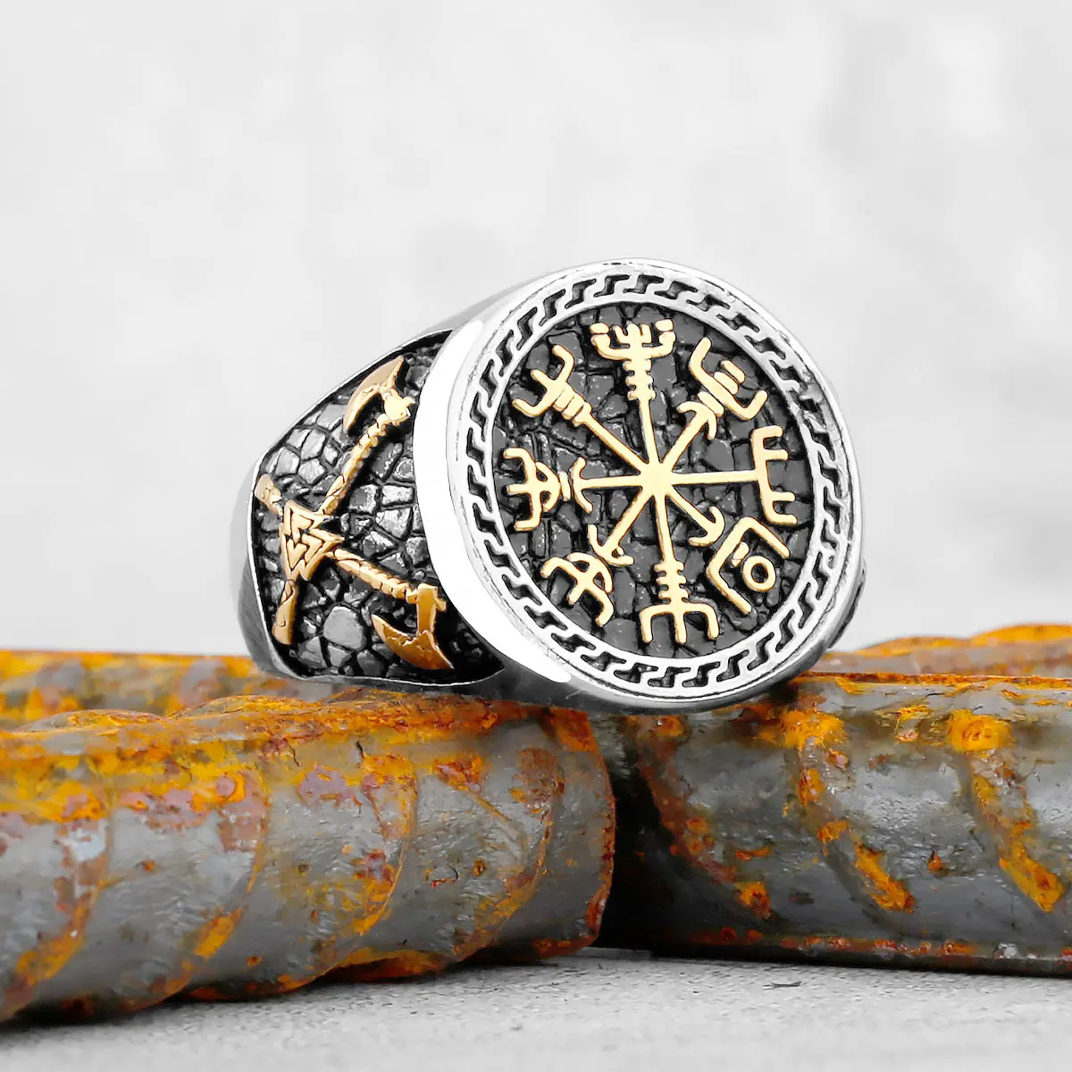 Vintage Viking Stainless Steel Compass Ring Men’s Viking Valknut Axe Ring Punk Odin Rune Gold Color Ring Jewelry Gift Wholesale Vintage Viking Stainless Steel Compass Ring Men's Viking Valknut Axe Ring Punk Odin Rune Gold Color Ring Jewelry Gift Wholesale