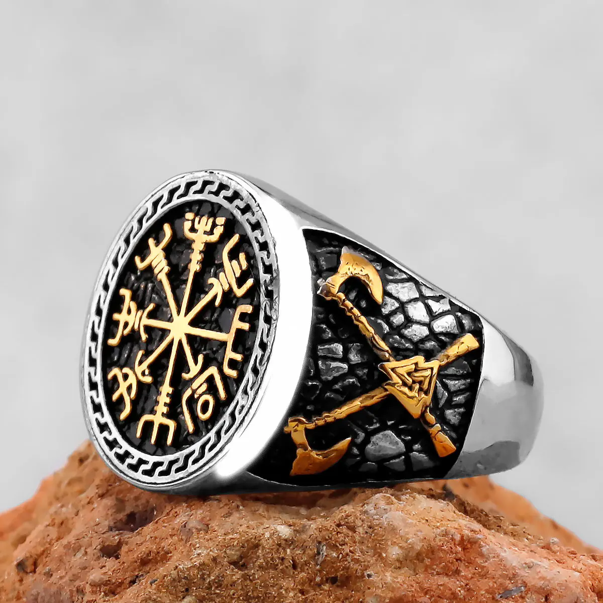 Vintage Viking Stainless Steel Compass Ring Men’s Viking Valknut Axe Ring Punk Odin Rune Gold Color Ring Jewelry Gift Wholesale Vintage Viking Stainless Steel Compass Ring Men's Viking Valknut Axe Ring Punk Odin Rune Gold Color Ring Jewelry Gift Wholesale