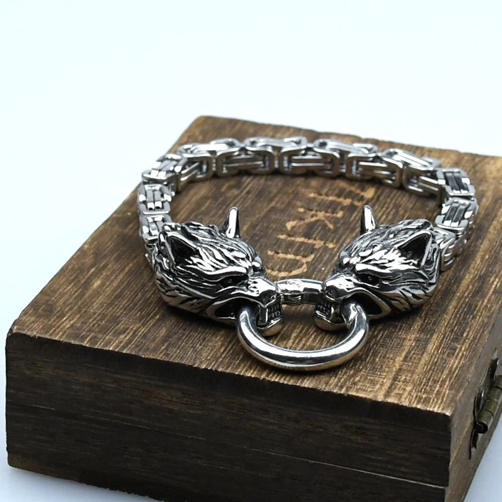 Stainless steel King chain viking wolf head Norse Rune bracelet amulet bracelet for men Stainless steel King chain viking wolf head Norse Rune bracelet amulet bracelet for men