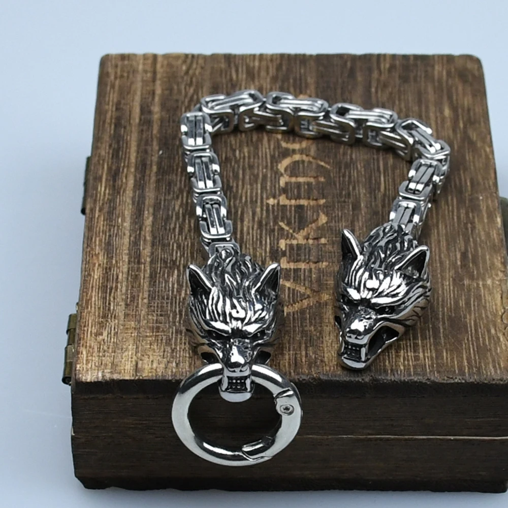 Stainless steel King chain viking wolf head Norse Rune bracelet amulet bracelet for men