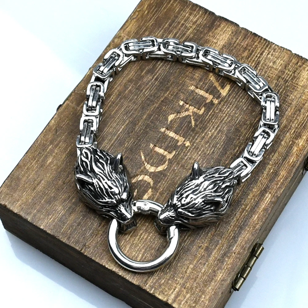 Stainless steel King chain viking wolf head Norse Rune bracelet amulet bracelet for men Stainless steel King chain viking wolf head Norse Rune bracelet amulet bracelet for men
