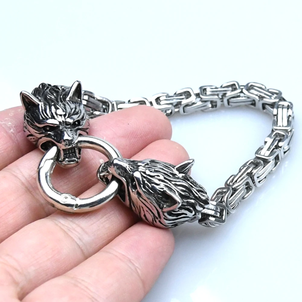 Stainless steel King chain viking wolf head Norse Rune bracelet amulet bracelet for men