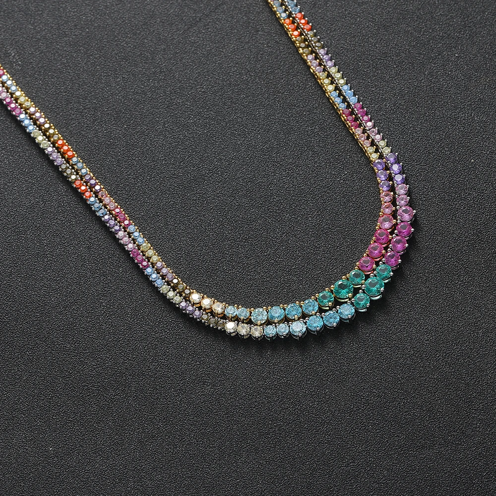 2mm-5mm Colorful Stone Brass Tennis CZ Chain 3 Prong Fashion Female Zircon Necklace BC154