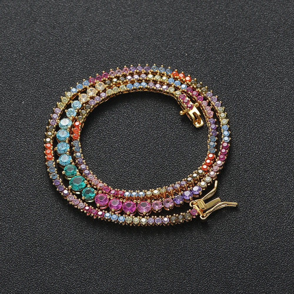 2mm-5mm Colorful Stone Brass Tennis CZ Chain 3 Prong Fashion Female Zircon Necklace BC154