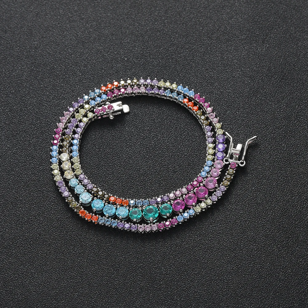 2mm-5mm Colorful Stone Brass Tennis CZ Chain 3 Prong Fashion Female Zircon Necklace BC154