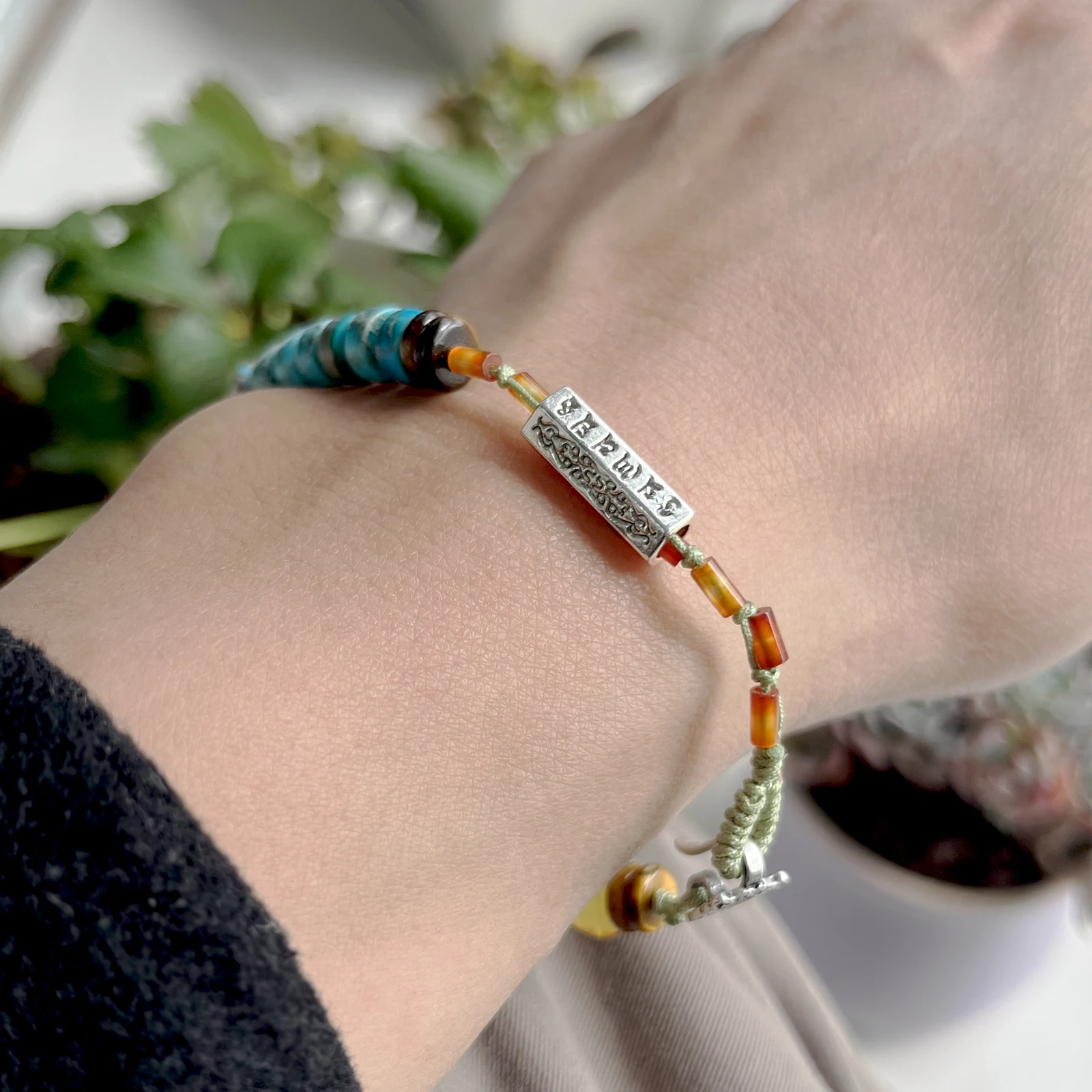 Green Original Stone Handmade Lucky Bracelet for Women Men OM Lotus Charm Tiger Eye Amber Jasper Braided Bracelets