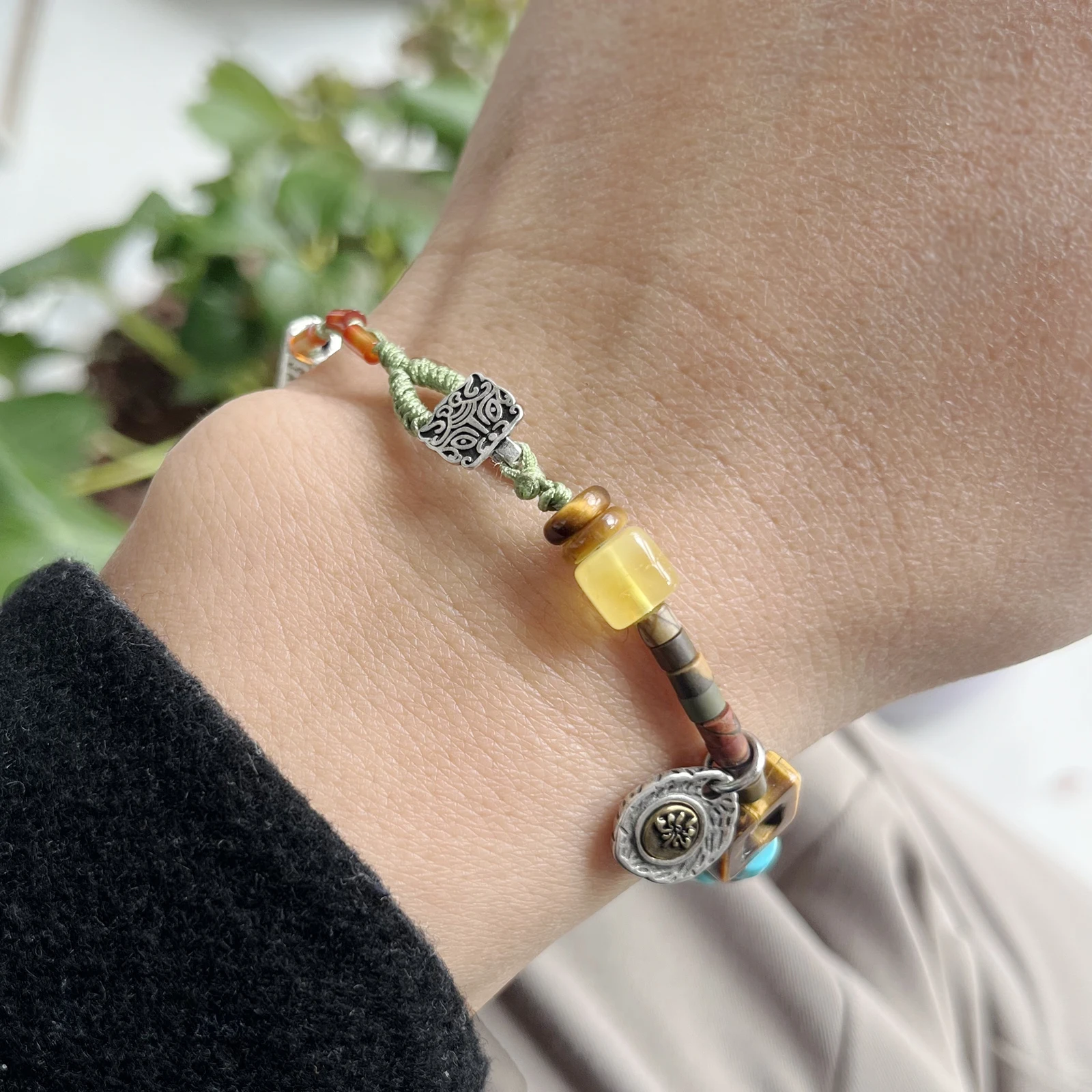 Green Original Stone Handmade Lucky Bracelet for Women Men OM Lotus Charm Tiger Eye Amber Jasper Braided Bracelets Green Original Stone Handmade Lucky Bracelet for Women Men OM Lotus Charm Tiger Eye Amber Jasper Braided Bracelets