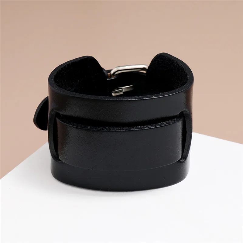 Modyle Fashion Wide Genuine Leather Bracelet Brown Black Wide Cuff Bracelets Bangles Vintage Punk Wristband Men Jewelry