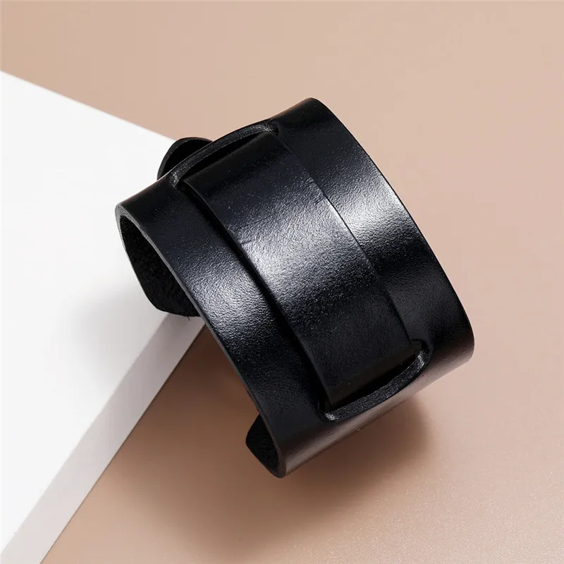 Modyle Fashion Wide Genuine Leather Bracelet Brown Black Wide Cuff Bracelets Bangles Vintage Punk Wristband Men Jewelry