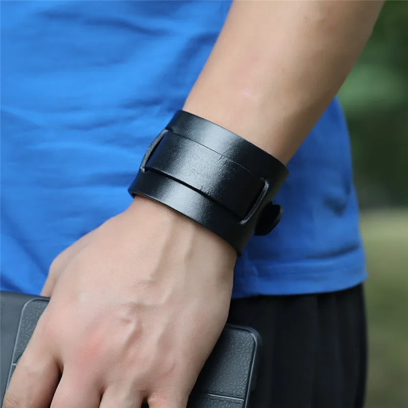 Modyle Fashion Wide Genuine Leather Bracelet Brown Black Wide Cuff Bracelets Bangles Vintage Punk Wristband Men Jewelry