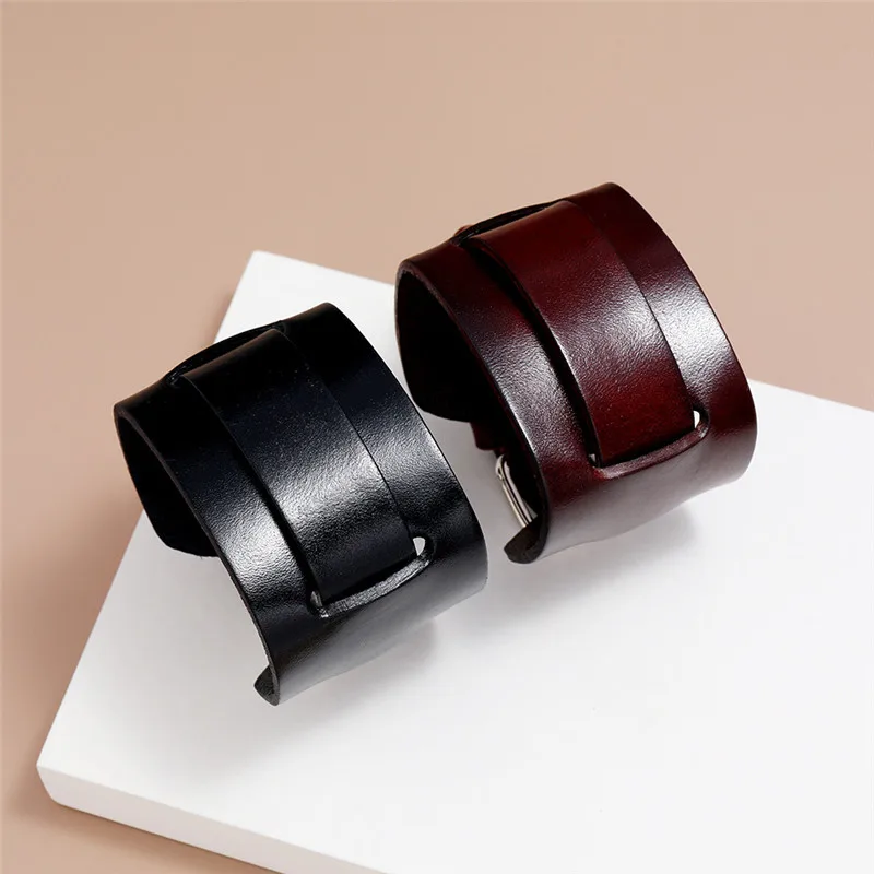 Modyle Fashion Wide Genuine Leather Bracelet Brown Black Wide Cuff Bracelets Bangles Vintage Punk Wristband Men Jewelry