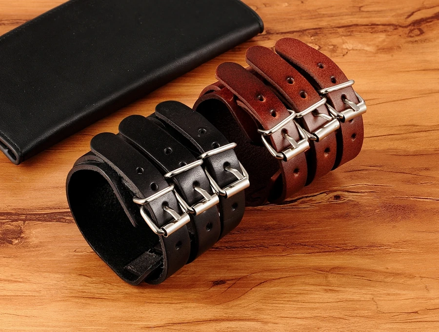 TYO Classic Men's Boys Adjustable Genuine Leather Cuff Bracelet Punk Rock Jewelry Black/Brown Three Layers Watch Bangles